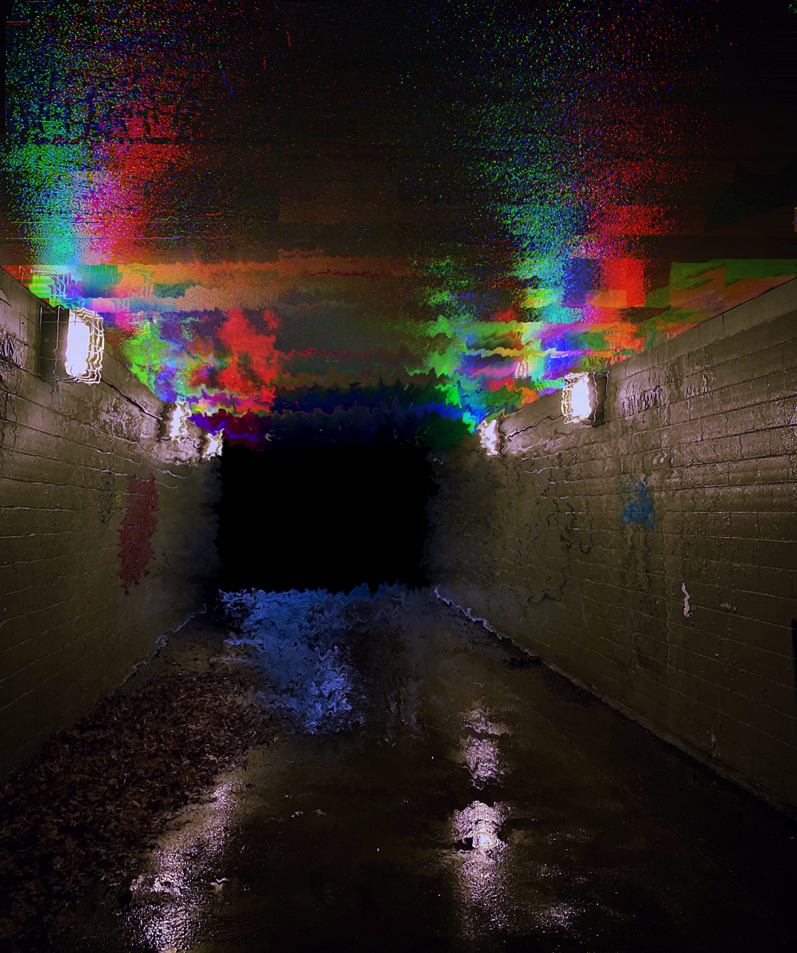 distorted, recolored photograph of a tunnel